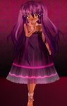  3d bad_id bad_pixiv_id bare_shoulders blush bracelet dress hair_ornament highres jewelry long_hair looking_at_viewer necklace open_mouth orange_eyes purple purple_hair solo standing tongue tongue_out two_side_up very_long_hair 