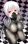  ahoge akiamare albino areolae bad_id bad_pixiv_id bangs blush bodysuit bow breast_hold breast_squeeze breasts checkered checkered_floor cleavage collarbone covered_nipples from_above gas_mask gloves hair_bow highres impossible_bodysuit impossible_clothes indoors large_breasts latex long_hair looking_at_viewer low_ponytail on_floor ponytail raised_eyebrows red_eyes see-through seiza self_fondle shadow sidelocks sitting skin_tight solo tears very_long_hair vocaloid white_hair yowane_haku 