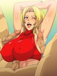  1girl areolae armpit_sex armpits arms_up blonde_hair blue_mary blush breasts censored erect_nipples gangbang green_eyes group_sex gureko_rouman highres huge_breasts king_of_fighters large_breasts nipples open_mouth paizuri paizuri_under_clothes penis penis_under_clothes short_hair smile snk spiral_brain standing wince 