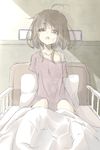  ahoge amputee bed brown_hair highres hospital_bed looking_at_viewer open_mouth original pink_eyes short_hair sitting solo tsunotsuki_(uguisu_maccha) 