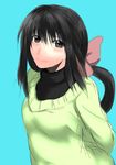  arms_behind_back bad_id bad_pixiv_id bell black_eyes black_hair blush hair_bell hair_ornament long_hair original ponytail sayamai_miyabi smile solo sweater 