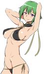  aquarion_(series) aquarion_evol armpits arms_behind_head arms_up bikini breasts clearite covered_nipples green_hair highres hip_bones large_breasts navel purple_eyes side-tie_bikini skindentation solo swimsuit underboob white_background zessica_wong 