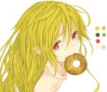  doughnut face fang food long_hair looking_at_viewer monogatari_(series) mouth_hold oshino_shinobu portrait red_eyes solo tsunotsuki_(uguisu_maccha) 