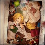  alphonse_elric blonde_hair book brothers burnt child_drawing clover edward_elric four-leaf_clover fullmetal_alchemist multiple_boys paperclip photo_(object) saiyki siblings sleeping younger 