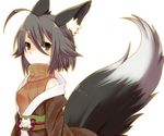  :3 ahoge animal_ear_fluff animal_ears black_hair fox_ears fox_tail green_eyes looking_at_viewer mofuaki original short_hair solo tail 