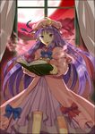  bad_id bad_pixiv_id blush book bow crescent hat moon nakahara_(fukufuku) open_book open_mouth patchouli_knowledge purple_eyes purple_hair red_sky sky solo standing touhou window 