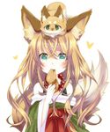  :&lt; aburaage animal animal_ear_fluff animal_ears animal_on_head aqua_eyes blonde_hair blush eating food fox fox_ears fox_tail heart heart-shaped_pupils long_hair looking_at_viewer mofuaki on_head original solo symbol-shaped_pupils tail 