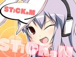  ;d animal_ears bad_id bad_pixiv_id bunny_ears fang lavender_hair noya_makoto one_eye_closed open_mouth red_eyes reisen_udongein_inaba smile solo speech_bubble stickam touhou 