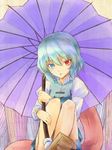  blue_eyes blue_hair faux_traditional_media head_tilt heterochromia karakasa_obake legs_up long_sleeves looking_at_viewer parted_lips puffy_sleeves purple_umbrella red_eyes shimada_(simada_bu) short_hair sitting skirt solo striped striped_background tatara_kogasa tongue touhou umbrella vest 