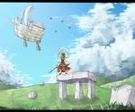  aircraft airship bishamonten's_spear cloud day hill iko_(kingreia) palanquin_ship polearm ruins sky solo spear toramaru_shou touhou ufo weapon 