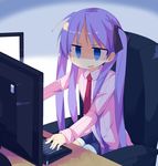  blue_eyes chair computer denim denim_shorts empty_eyes hiiragi_kagami jitome kanikama katou_emiri keyboard_(computer) long_hair lucky_star monitor necktie office_chair purple_hair real_life seiyuu_connection shaded_face shorts sitting solo sweatdrop twintails 