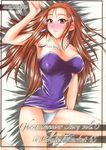  blush breasts collarbone cover cover_page doujinshi dress earrings ghost_sweeper_mikami highres isao jewelry large_breasts long_hair looking_at_viewer mikami_reiko necklace panties pantyshot purple_eyes red_hair smile solo underwear 