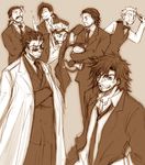  6+boys auron beshiexe bow bowtie cait_sith cayenne_garamonde cid_highwind contemporary crossover facial_hair final_fantasy final_fantasy_v final_fantasy_vi final_fantasy_vii final_fantasy_viii final_fantasy_x formal galuf_halm_baldesion goggles hand_on_own_chin index_finger_raised jecht laguna_loire looking_at_viewer male_focus monochrome multiple_boys mustache necktie ponytail reeve_tuesti scar sepia suit sunglasses trait_connection 