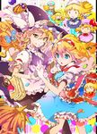  :&gt; alice_margatroid blonde_hair blue_eyes bow braid broom cake capelet character_doll dress food fruit grin hair_bow hairband hakurei_reimu hat hat_bow hat_ribbon highres holding_hands ichizen_(o_tori) izayoi_sakuya kirisame_marisa knife konpaku_youmu long_hair multiple_girls remilia_scarlet ribbon saigyouji_yuyuko short_hair single_braid smile strawberry touhou white_bow witch_hat yellow_eyes 