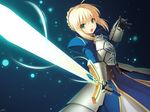  armor armored_dress artoria_pendragon_(all) blonde_hair braid cygnus_(cygnus7) dress excalibur fate/zero fate_(series) french_braid gauntlets glowing glowing_weapon green_eyes hair_ribbon holding light_particles md5_mismatch open_mouth ribbon saber short_hair solo sword weapon 