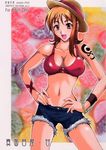  :d bangle blush bracelet breasts brown_eyes cleavage collarbone cosplay cover cover_page cutoffs denim denim_shorts doujinshi hands_on_hips hat highres isao jewelry large_breasts looking_at_viewer monkey_d_luffy monkey_d_luffy_(cosplay) nami_(one_piece) navel one_piece open_mouth orange_hair short_hair shorts skinny smile solo straw_hat tattoo 