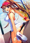  absurdres ass bare_shoulders between_thighs blush bottomless breasts brown_hair cleavage copyright_request covered_nipples hamashima_shigeo highres leg_up long_hair looking_back medium_breasts no_panties open_mouth ponytail purple_eyes racket shoes sneakers solo sportswear sweat tennis_racket tennis_uniform visor_cap white_legwear wristband 