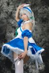  apron bed blue_dress bow cosplay dress female flower highres izayoi_sakuya lenfried photo ribbon silver_hair solo touhou 