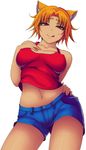  animal_ears breasts collarbone curvy dark_skin denim denim_shorts from_below highres kisaragi_yakumo large_breasts licking_lips midriff navel orange_hair original red_eyes short_hair short_shorts shorts solo tank_top tongue tongue_out white_background 