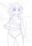  arm_behind_back bare_legs bare_shoulders bow camisole cirno flat_chest hair_bow kasuga_yukihito midriff monochrome navel panties short_hair solo touhou underwear underwear_only 