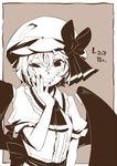  ascot bad_id bad_pixiv_id bat_wings blush bow character_name fang grin hand_on_own_face hat hat_bow high_contrast hounori looking_at_viewer monochrome one_eye_closed parted_lips portrait puffy_sleeves remilia_scarlet sepia short_hair short_sleeves smile solo text_focus touhou wings 
