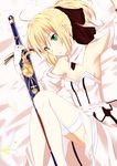  ahoge artoria_pendragon_(all) bare_shoulders blonde_hair bow caliburn detached_sleeves fate/stay_night fate/unlimited_codes fate_(series) green_eyes hair_bow kikyou_(kiss-shot) long_hair ponytail saber saber_lily sheath sheathed solo sword thighhighs weapon white_legwear 