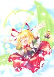  absurdres arms_up blonde_hair blue_eyes bow closed_eyes dqn_(dqnww) dress flower hair_bow hair_ornament hair_ribbon highres lily_of_the_valley medicine_melancholy open_mouth ribbon short_hair smile solo su-san touhou wings 