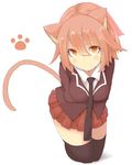  animal_ears blush cat_ears cat_tail highres kneeling necktie orange_eyes original pink_hair pleated_skirt school_uniform short_hair skirt solo tail tsunotsuki_(uguisu_maccha) 