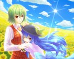  breasts cloud day field flower flower_field food fruit garden_of_the_sun green_hair hat hinanawi_tenshi hug kazami_yuuka long_hair looking_at_viewer medium_breasts multiple_girls one_eye_closed open_mouth peach red_eyes shimada_(simada_bu) sky smile sun sunflower touhou 