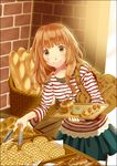  bag bakery blush bread brick_wall brown_eyes food handbag long_hair nakahara_(fukufuku) orange_hair original shirt shop skirt smile solo striped striped_shirt tongs tray 