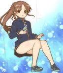  :3 bare_legs blush bottomless brown_hair jacket long_hair long_sleeves mahjong naked_track_jacket no_panties no_pants open_mouth ponytail red_eyes saki saki_achiga-hen solo takakamo_shizuno track_jacket umyonge_(lkakeu) 