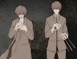  bad_id bad_pixiv_id between_fingers black_keys cigarette command_spell cross emiya_kiritsugu fate/zero fate_(series) kotomine_kirei long_coat male_focus monochrome multiple_boys myameco 