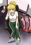  akihisa201 animal_slippers bad_id bad_pixiv_id blonde_hair coke-bottle_glasses computer coorie eating eyewear_removed food glasses gym_uniform holding holding_eyewear jpeg_artifacts midriff miniskirt_pirates navel pants pocky shirt sitting slippers solo tied_shirt track_pants yellow_eyes 