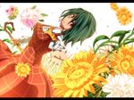  dress flower green_hair kazami_yuuka necktie outstretched_arm plaid plaid_dress potato_pot red_eyes solo sunflower touhou 