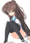  black_legwear breasts brown_eyes brown_hair cardigan genderswap genderswap_(mtf) kita_high_school_uniform kyonko long_hair medium_breasts nagase_haruhito ponytail school_uniform serafuku shoes sitting skirt solo suzumiya_haruhi_no_yuuutsu thighhighs 