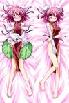  barefoot bed_sheet blush breasts dakimakura double_bun embarrassed feet full_body hemogurobin_a1c highres ibaraki_kasen lying medium_breasts multiple_views naked_tabard panties pink_hair red_eyes short_hair sideboob tabard touhou underwear white_panties 