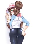  against_wall ass ass_grab blue_eyes blush bow brown_hair cowboy_shot double_bun from_behind grabbing_own_ass green_eyes hat long_hair looking_at_viewer looking_back mei_(pokemon) pantyhose pokemon pokemon_(game) pokemon_bw2 raglan_sleeves shiny shiny_clothes shouni_(sato3) simple_background skin_tight smile solo thigh_gap visor_cap white_background 
