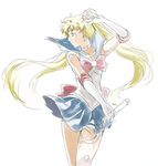  back_bow bishoujo_senshi_sailor_moon blonde_hair blue_eyes blue_sailor_collar blue_skirt boots bow choker cutie_moon_rod double_bun earrings elbow_gloves gloves gyokuro-857 hair_ornament jewelry knee_boots long_hair magical_girl red_bow sailor_collar sailor_moon sailor_senshi_uniform skirt solo tsukino_usagi twintails unfinished wand white_gloves 