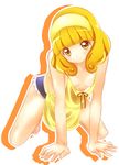  all_fours apron bad_id bad_pixiv_id bare_shoulders blonde_hair blush breasts cleavage eyelashes hairband kise_yayoi naked_apron panties precure short_hair small_breasts smile smile_precure! solo underwear yellow_apron yellow_eyes yellow_hairband yuiyuimoe 