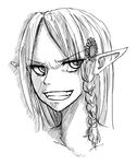  braid evil face flower greyscale grin hair_flower hair_ornament long_hair monochrome parted_lips pointy_ears portrait sako_rk_95_(upotte!!) side_braid sketch smile solo twrlare upotte!! 