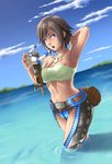  1girl armor armpit armpits barrel blue_eyes brown_hair capcom deep_rising highres jewelry midriff monster_hunter necklace piscine_(armor) solo thor_(deep_rising) water 