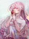  alternate_costume apple apple_(elsword) bad_id bad_pixiv_id bracelet code:_empress_(elsword) dress elsword eve_(elsword) food fruit jewelry kiss long_hair nameco object_kiss object_namesake pink_eyes pink_hair solo 