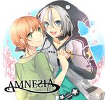  1boy 1girl alternate_hairstyle amnesia_(idea_factory) bad_id bad_pixiv_id blue_eyes choker copyright_name green_eyes grey_hair heroine_(amnesia) holding_hands hood hoodie interlocked_fingers looking_back mi_(liki1020) orange_hair orion_(amnesia) short_hair smile 