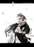  black_lagoon closed_eyes feathers gothic_lolita gretel_(black_lagoon) hand_on_own_chest highres letterboxed lolita_fashion long_hair maki_(maki_pei) outstretched_hand parted_lips silver_hair solo 