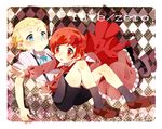  1girl argyle argyle_background bad_id bad_pixiv_id blonde_hair blue_eyes bow dress fate/zero fate_(series) hair_bow kayneth_el-melloi_archibald red_eyes red_hair riiu short_hair shorts sola-ui_nuada-re_sophia-ri suspenders younger 