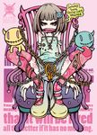  brown_hair chain chair cuffs engrish hair_ornament hairpin handcuffs heart highres jewelry mary_janes original pink_eyes pink_legwear project.c.k. ranguage ring scarf scissors shoes short_shorts shorts solo tattoo thighhighs thumb_ring unmoving_pattern 