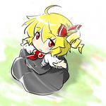  ahoge alternate_hairstyle ascot blonde_hair blush_stickers chibi drill_hair hair_ribbon open_mouth outstretched_arms red_eyes red_star_(toranecomet) ribbon rumia shirt short_hair side_ponytail skirt skirt_set solo touhou vest 