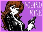  breasts brown_hair catsuit character_name cleavage flat_color gun handgun kuroi_kazuhiro long_hair lupin_iii medium_breasts mine_fujiko pinky_out pistol solo trigger_discipline unzipped weapon 