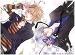  610_(motou) amnesia_(idea_factory) blonde_hair blue_eyes flower gloves ikki_(amnesia) jacket male_focus multiple_boys pink_flower pink_rose rose smile toma_(amnesia) white_hair yellow_eyes 