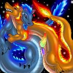  anal anal_penetration anus blue_body blue_dragon blue_fire chinese_dragon claws couple cum cum_in_ass cum_inside dragon ear_piercing erection fangs feral feral_on_feral fire gay grin jewelry male nude orange_body penetration penis piercing precum rainbow_penis red_eyes scalie sex stars teeth yaoifairy 